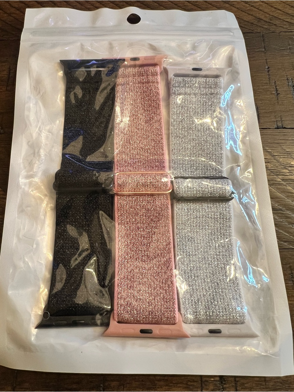 Lot of 3 Glitter Elastic Replacement Watch Bands - Black, Rose Pink, Silver